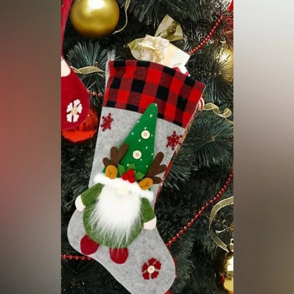 Gnome Appliqué Christmas Stocking, Grey, NWOT